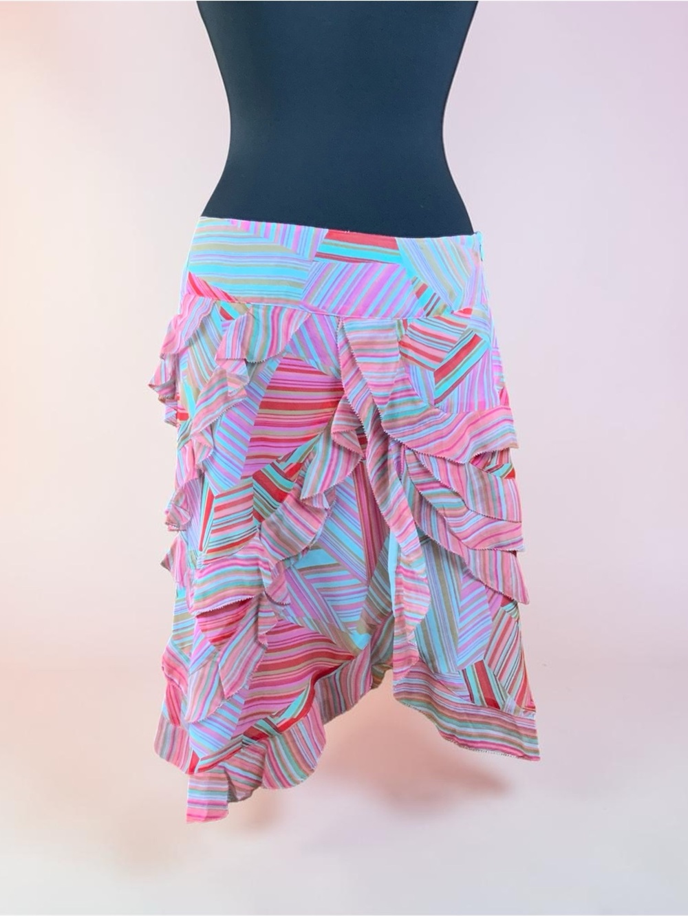 Striped Pink Turquoise Ruffle Asymmetrical Midi Skirt very flattering. - Picture 7 of 8